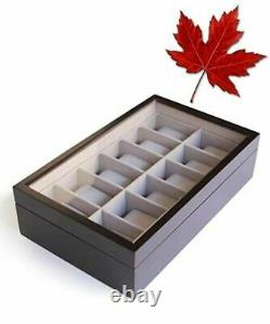 Solid Espresso 12 Slot Wood Watch Box Organizer with Glass Display Top by Cas