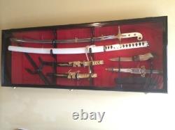 Sword Display Case 2 Pcs Saber Scabbard Samurai Walnut Wood Cabinet Katana Rack