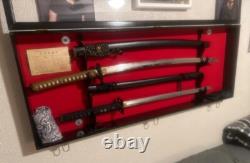 Sword Display Case 4 Slot Cherry Black NCO USMC Saber Blade Katana Wood Cabinet