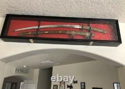 Sword Display Case Saber Scabbard Samurai Blade Black Wood Cabinet US Wall Rack