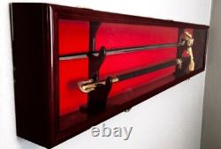 Sword Display Case Saber Scabbard Samurai Blade Cherry Wood Cabinet US Wall Rack