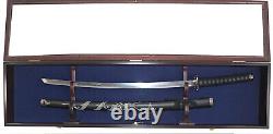 Sword Display Case Saber Scabbard Samurai Wood Cabinet US Wall Rack Mahogany NEW