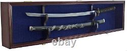 Sword Display Case Saber Scabbard Samurai Wood Cabinet US Wall Rack Mahogany NEW