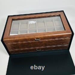 TAWBURY Mens Watch Box Display Case Wood Luxury Organizer 12 Slot PU Leather