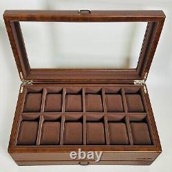 TAWBURY Mens Watch Box Display Case Wood Luxury Organizer 12 Slot PU Leather