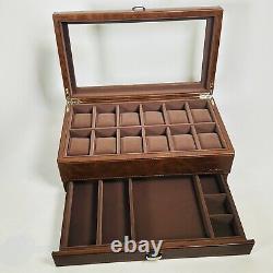 TAWBURY Mens Watch Box Display Case Wood Luxury Organizer 12 Slot PU Leather