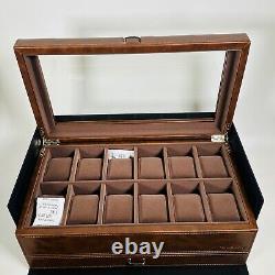 TAWBURY Mens Watch Box Display Case Wood Luxury Organizer 12 Slot PU Leather