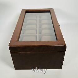 TAWBURY Mens Watch Box Display Case Wood Luxury Organizer 12 Slot PU Leather