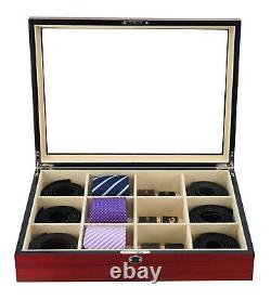 TIMELYBUYS Display Case for 12 Ties, Belts, and Accessories Cherry Wood Stora