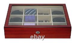TIMELYBUYS Display Case for 12 Ties, Belts, and Accessories Cherry Wood Stora