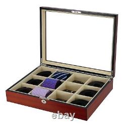 TIMELYBUYS Display Case for 12 Ties, Belts, and Accessories Cherry Wood Stora