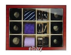 TIMELYBUYS Display Case for 12 Ties, Belts, and Accessories Cherry Wood Stora