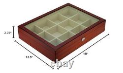 TIMELYBUYS Display Case for 12 Ties, Belts, and Accessories Cherry Wood Stora