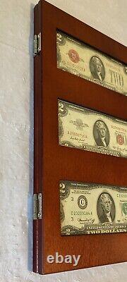 The Modern $2 Bill Collector Set 1928 1953 1976 & Uncut Sheet Wood Display Case