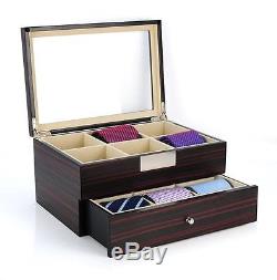 Tie Display Case for 12 Ties Ebony Walnut Two Level Storage Box with Drawer