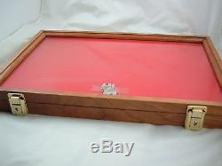 Two wood table top showcase display case cherry wood secure display foam lining