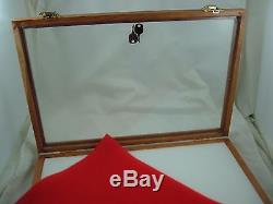 Two wood table top showcase display case cherry wood secure display foam lining