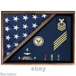 USA Made Solid Walnut Wood Military Flag Medal Display Case Shadow Box
