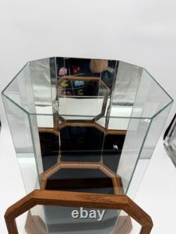 VTG Octagonal Glass Curio Display Case Mirrored Interior Oak Finish Cabinet 17