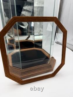 VTG Octagonal Glass Curio Display Case Mirrored Interior Oak Finish Cabinet 17
