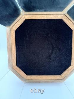 VTG Octagonal Glass Curio Display Case Mirrored Interior Oak Finish Cabinet 17