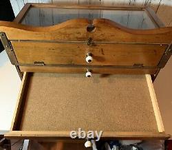 Vintage Antique Revere Pewter Jewelry Wood 7 Drawer Display Case Only Storage