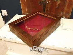 Vintage Antique Wood Oak Glazed Glass Table Collectors Jewelery Display Case