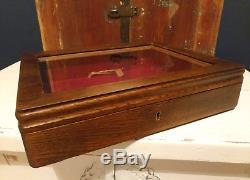 Vintage Antique Wood Oak Glazed Glass Table Collectors Jewelery Display Case