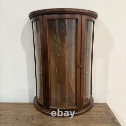 Vintage Bow Front Wall Curio Display Cabinet Bowed Glass Miniature Case Wood