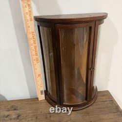 Vintage Bow Front Wall Curio Display Cabinet Bowed Glass Miniature Case Wood