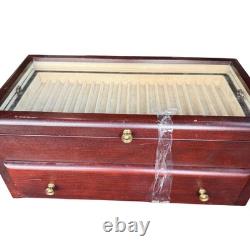 Vintage Cherry Wood 60 Pen Display Case with Glass Top Drawer Storage Eureka