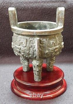 Vintage Chinese Bronze Footed Incense Burner Censor with Wood display stand case