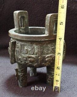 Vintage Chinese Bronze Footed Incense Burner Censor with Wood display stand case