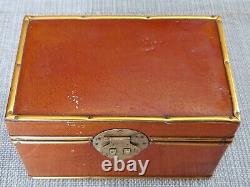Vintage Chinese Lamb Leather lacquerware Brass Trinket Jewelry Wood Box