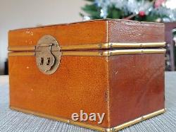 Vintage Chinese Lamb Leather lacquerware Brass Trinket Jewelry Wood Box