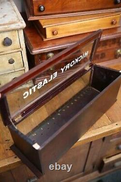 Vintage Hickory Elastic Sewing Thread Antique Store Counter Wood Display Case