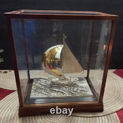 Vintage Japan Fine 950 Sterling Silver Sailboat Encased Wood Glass Display Case