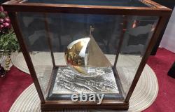 Vintage Japan Fine 950 Sterling Silver Sailboat Encased Wood Glass Display Case