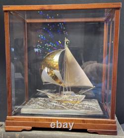 Vintage Japan Fine 950 Sterling Silver Sailboat Encased Wood Glass Display Case