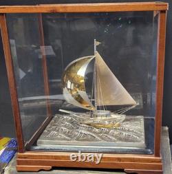 Vintage Japan Fine 950 Sterling Silver Sailboat Encased Wood Glass Display Case