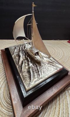 Vintage Japan Fine 950 Sterling Silver Sailboat Encased Wood Glass Display Case