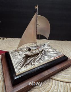 Vintage Japan Fine 950 Sterling Silver Sailboat Encased Wood Glass Display Case