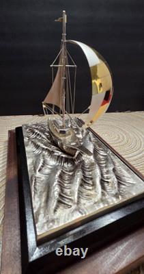 Vintage Japan Fine 950 Sterling Silver Sailboat Encased Wood Glass Display Case