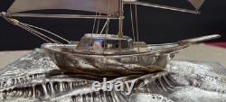 Vintage Japan Fine 950 Sterling Silver Sailboat Encased Wood Glass Display Case