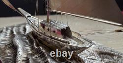 Vintage Japan Fine 950 Sterling Silver Sailboat Encased Wood Glass Display Case