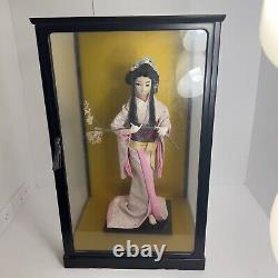 Vintage Japanese Display Glass Case Wood Frame With Geisha Doll