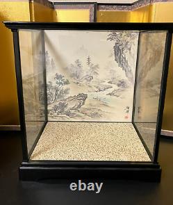 Vintage Japanese Doll Display Glass Case Geisha Landscape Wood Frame