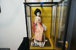 Vintage Japanese Geisha Doll in Glass & Wood Display Case, 16 Doll, 19 Case