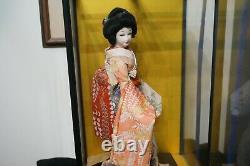 Vintage Japanese Geisha Doll in Glass & Wood Display Case, 16 Doll, 19 Case