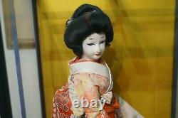 Vintage Japanese Geisha Doll in Glass & Wood Display Case, 16 Doll, 19 Case